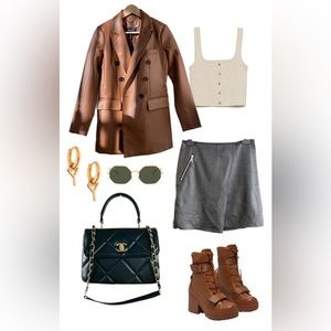 BCBGMAXAZRIA new with tags caramel brown faux leather blazer, faux leather skirt